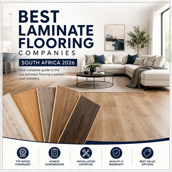 Best laminate flooring companies in South Africa comparison guide featuring premium wood-look laminate flooring in a modern living room.